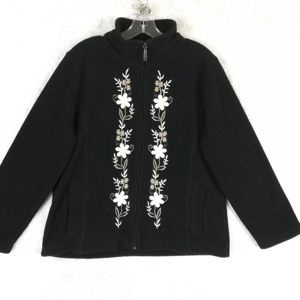 Carolyn Taylor Womens Fleece Jacket Black Floral Embroidered Full Zip M‎